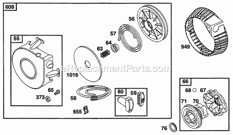 Rewind Starter Diagram and Parts List for 256702-0100-01  Briggs and Stratton Engine
